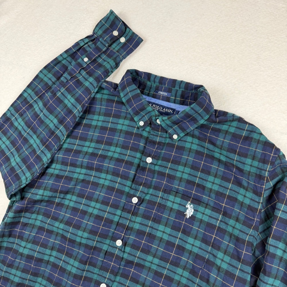 US Polo Assn Mens Large Green Blue Plaid Stretch Button Down Shirt 11C278